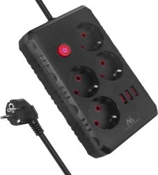 Overspændingsbeskyttet forlængerlist MACLEAN MCE393, 4 stik og 3× USB, 3 m, sort