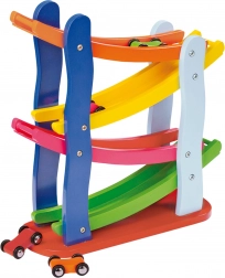 Piccola pista da corsa in legno con 4 macchinine