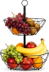 Cestino portafrutta a due livelli in metallo – supporto geometrico nero