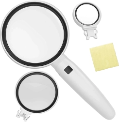 kézi nagyító LED világítással és cserélhető lencsékkel 3,5x/5x/11x