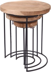 Ronde metalen salontafels van teakhout – set van 3 stuks