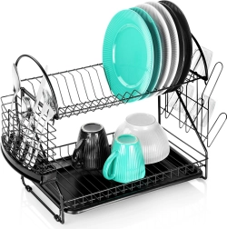 Égouttoir à vaisselle métallique à deux niveaux, noir 53 × 24 × 38,5 cm