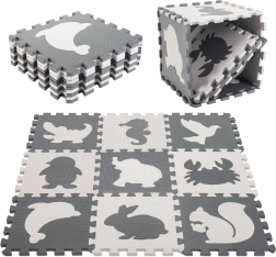 Tappetino puzzle educativo in schiuma per bambini con animaletti, grigio 85 × 85 cm, 9 pezzi