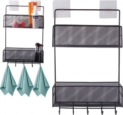 metal wall organizer with shelves and hooks – drill-free installation, black