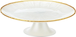 Steklen stojalo za torto na nogi, belo z zlatim robom, 21 cm