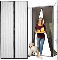 Magnetic door insect screen with hook-and-loop tape, adjustable length
