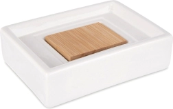 Porte-savon en céramique avec insert en bambou, blanc