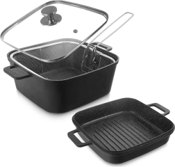 Granite square pot with glass lid, grill pan and basket 4.5 l + 2 l, 4 pieces