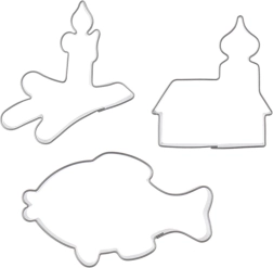 Set van 3 roestvrijstalen koekjesuitstekers – kerk, kaars en vis