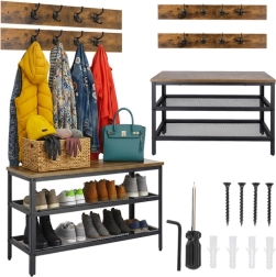 Schoenenrek met bank en kapstok RUHHY 73 cm, industrieel loft, bruin blad