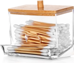 Dispenser per cotton fioc con coperchio in bambù 9 × 7,3 × 9 cm