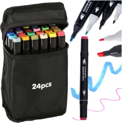 Dual-tip alcohol markers in a case, 24 colors + stand