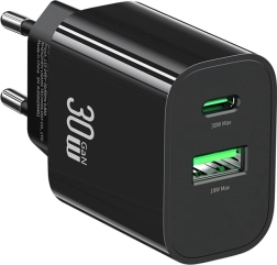 30 W Wall Charger with USB‑C and USB‑A, Fast Charging, Black USAMS