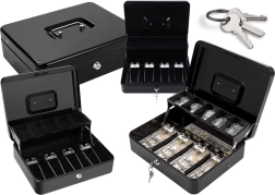 Fekete fém pénzkazetta bankjegyekhez és érmékhez