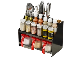 Multifunkciós, két szintes fűszertartó rendező kiegészítő rekeszekkel – fekete