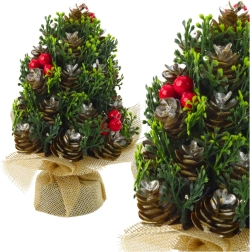 Mini kerstboompje met dennenappels en rode bessen 17 × 10 cm
