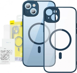 Prozoren magnetni ovitek in kaljeno steklo Baseus za iPhone 14 Plus modro