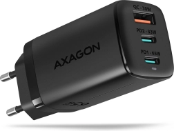 Síťová nabíječka AXAGON GaN 65W, 3 porty (USB-A + 2× USB-C), PD 3.0/QC 4+, PPS, černá