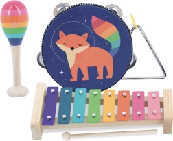 Children’s musical instrument set with animal and rainbow motifs