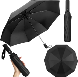 Automatic folding umbrella, 12 ribs, black, with sleeve, 105 cm