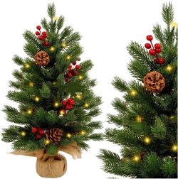 Tabletop artificial Christmas tree with red berries and LED lights 60 x 20 cm