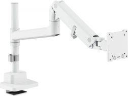 White gas-spring monitor arm with desk clamp, 57" / 27 kg, VESA 75x75 and 100x100