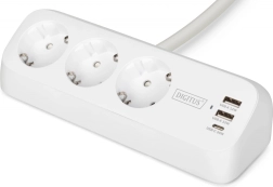 Clamp-on desk surge-protected power strip, 3 schuko sockets, 2× usb‑a 12 w, 1× usb‑c 30 w, 1.5 m cable, white