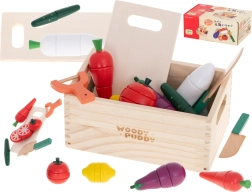 wooden magnetic vegetables for cutting in a crate with accessories