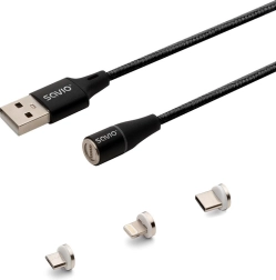 Magnetni USB kabel Savio 3v1 tip C, Micro in Lightning, črn, 1m