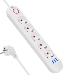 Surge-Protected Power Strip, 5 Outlets with 3× USB, White