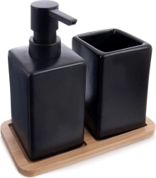 Dolomitowy 3‑częściowy zestaw łazienkowy czarny z bambusową tacką Vilde