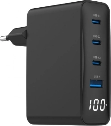 Universal GaN Charger 100W 1xUSB-A 3xUSB-C Fast Charging LCD Black