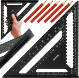 Équerre de charpentier 30 × 30 cm BIGSTREN avec échelles 90° et 45° + 5 crayons