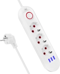 Surge-protected power strip with 3 outlets and 3× USB, white