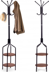 Prostostoječi obešalnik za oblačila s policami, 8 kljuk, 180 cm, črn, ModernHome