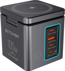 BlitzWolf GaN hálózati töltő 105 W USB-A-val, 3× USB-C-vel és vezeték nélküli töltéssel