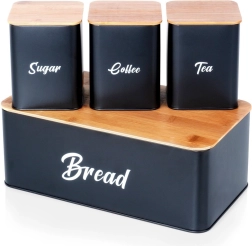 Sort metalbrødkasse med bambuslåg og sæt med dåser til sukker, kaffe og te, 4 stk.