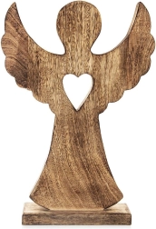 Houten engelenbeeld van mangohout met hart 25,5 × 36 cm