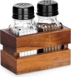 Solniczka i pieprzniczka ze stojakiem, zestaw 3‑częściowy, szkło i drewno