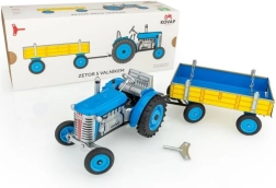 Tin Zetor Tractor with Detachable Trailer, red/blue/green, wind-up