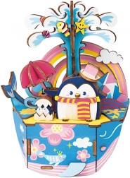 Houten 3D-puzzel Muziekdoos Pinguïn in de oceaan