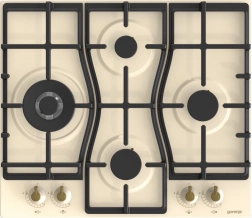 Gas cooktop with cast-iron grates and a diamond-shaped burner layout