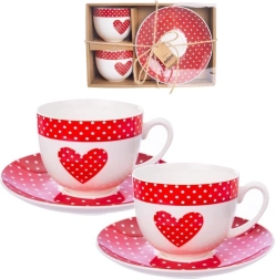 Porcelain Cups with Saucers Dot with Heart Motif, 280 ml, 2 pcs