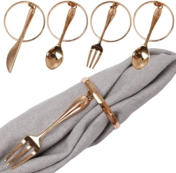 Kovinski zlati prstani za prtičke z visečimi pribori, 4 cm, komplet 4 kos