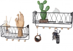 Wall-mounted shelf with hooks – black, 25.5 cm