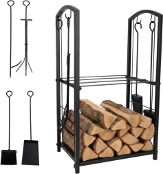 metalen haardhoutrek met gereedschap en legplanken