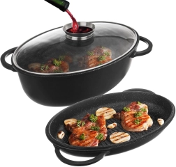 Granite Oval Roasting Set 3-in-1 with Grill Lid and Glass Cover, 10 L, 43 × 28 cm