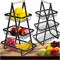Three-tier metal fruit basket with wooden handle, black