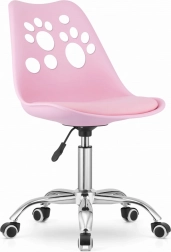 Pink swivel chair made of faux leather with a chrome base