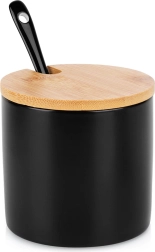 Zuccheriera in ceramica con coperchio in bambù e cucchiaino, nera 250 ml